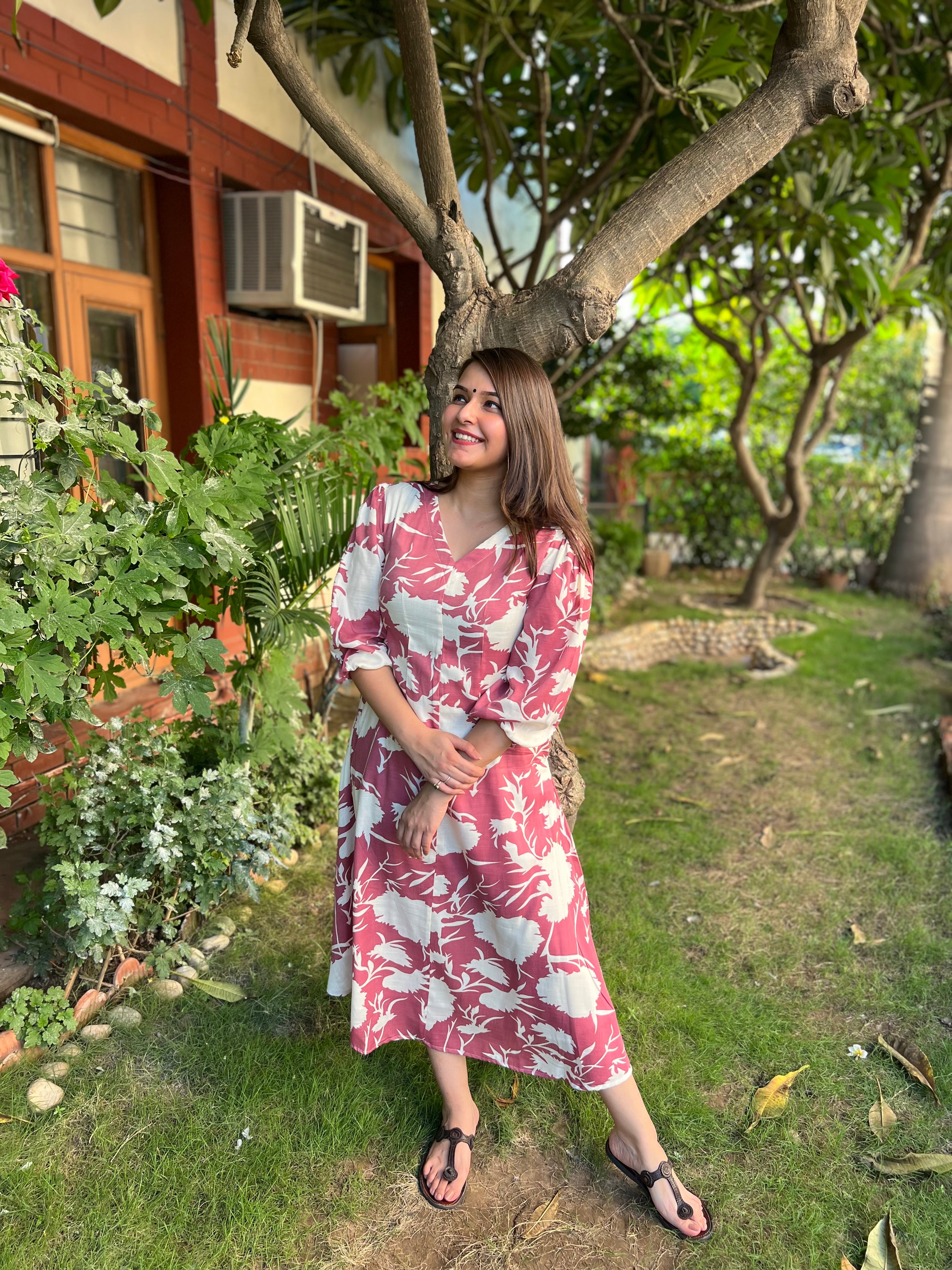 Pink White floral dress - MYSANSKRITAM