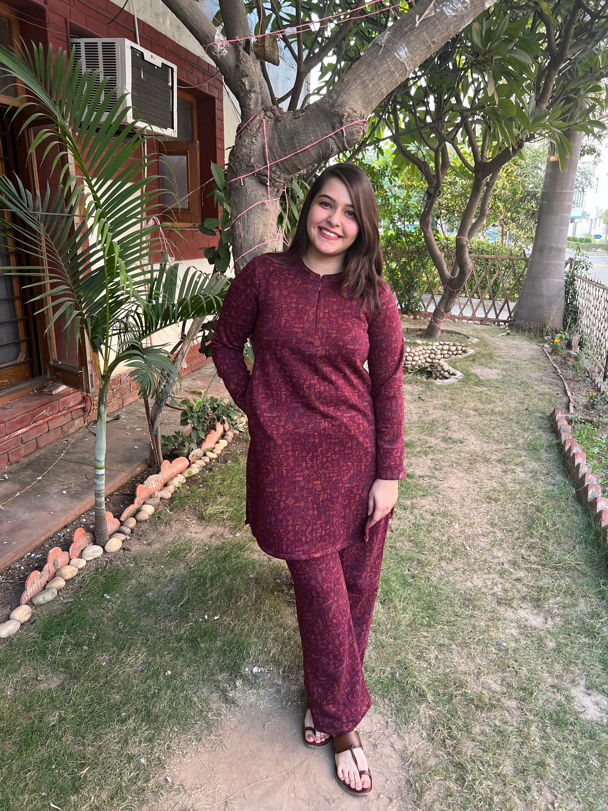 Maroon Fleece winter nightsuit - MYSANSKRITAM