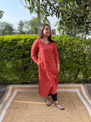 Rust Aline kurta with embroidered yoke on neck