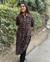 Dark brown overall printed kurta with pocket