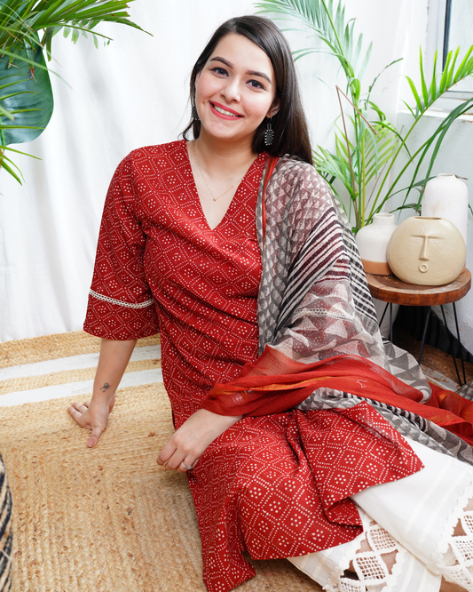 Maroon bindi Kurta with kota doria dupppta