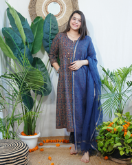 Blue Sanganeri Pintucks suit set