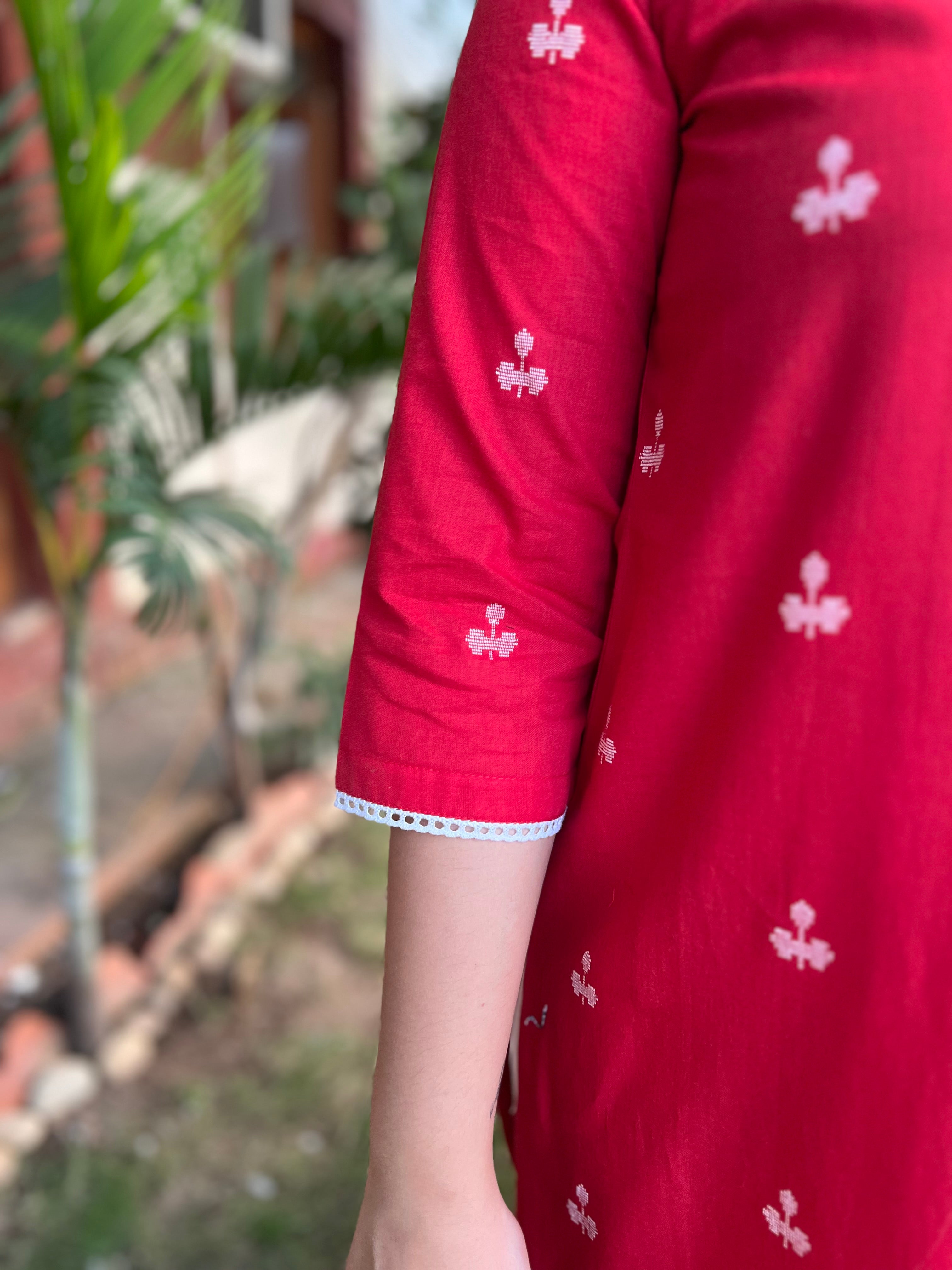 Tamatari red Kurta with handblock Kota Doria duppata - MYSANSKRITAM