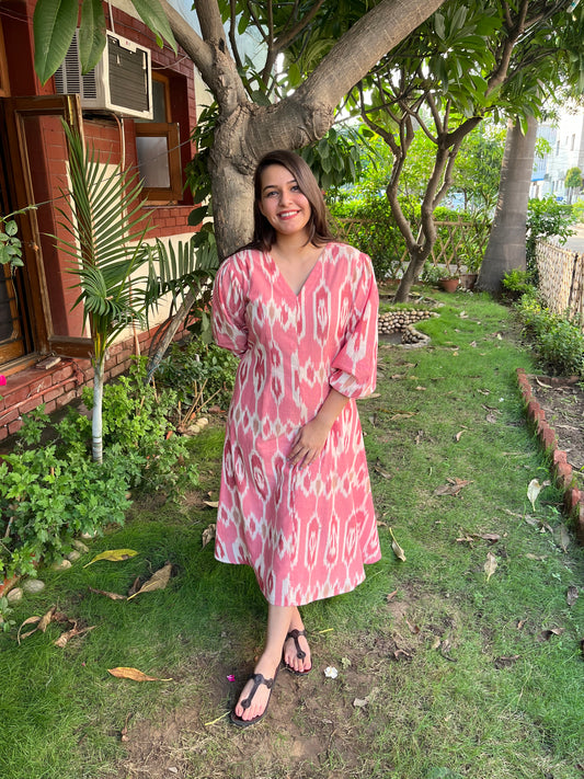 Peach Ikkat Dress (with pocket) - MYSANSKRITAM
