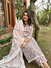 Grey floral Handblock printed full suit set