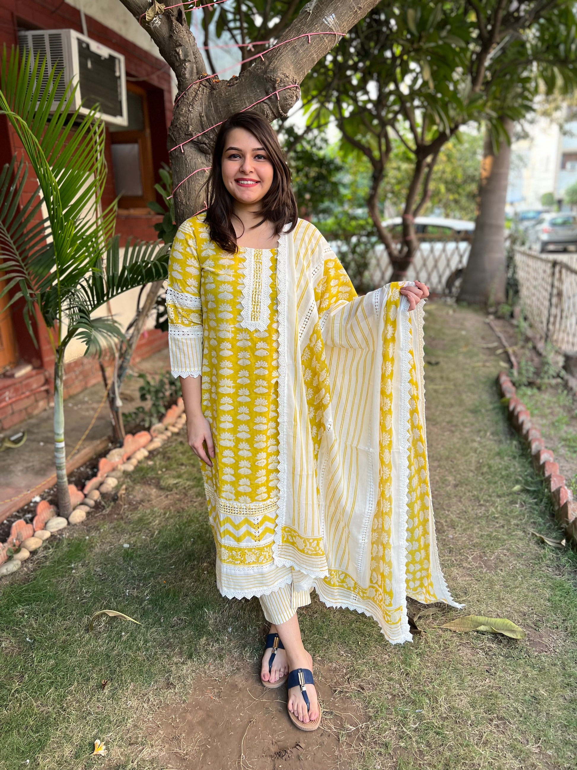 Mustard Lacework printed full suit set - MYSANSKRITAM