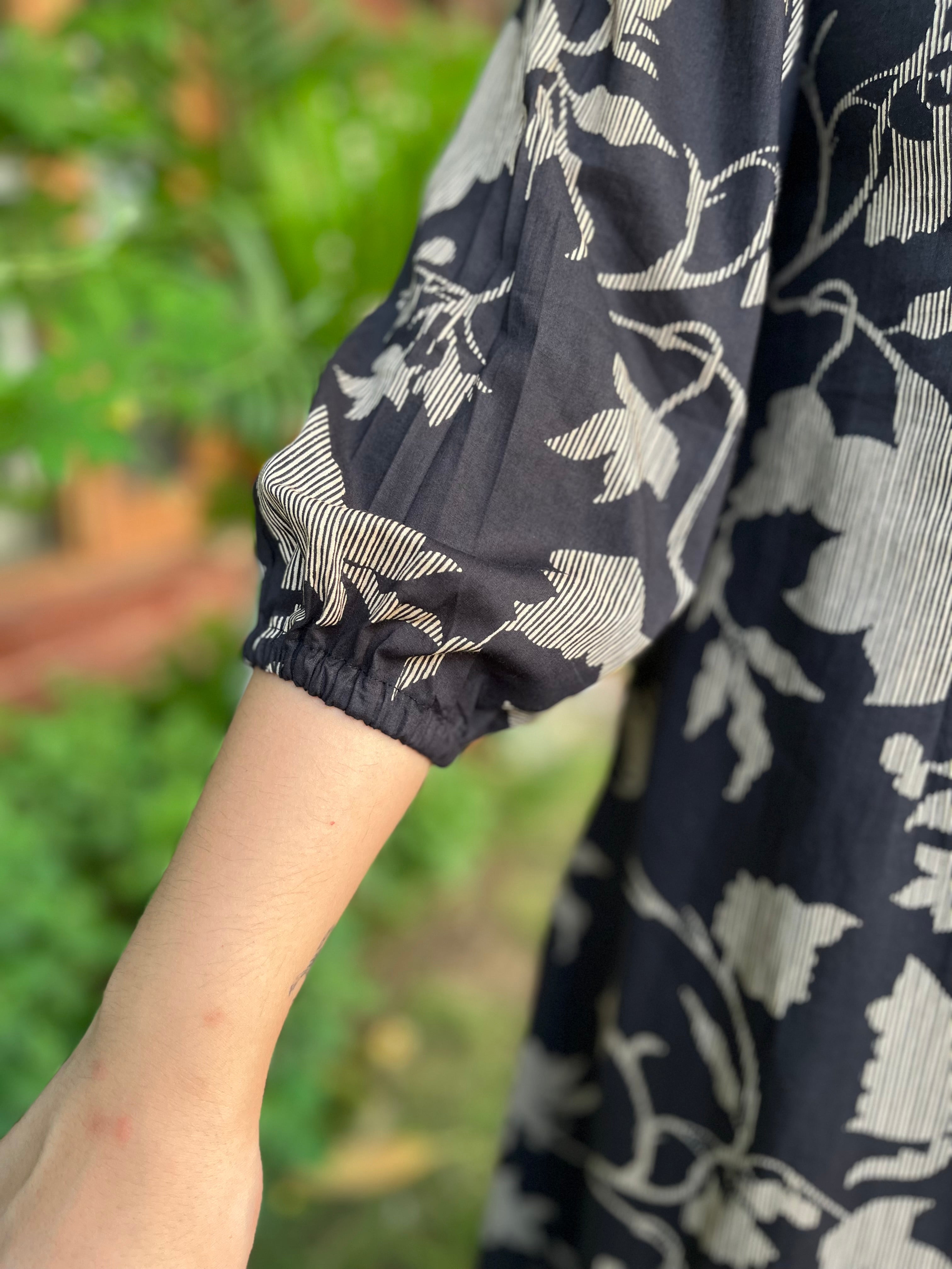 Black Floral dress with pockets - MYSANSKRITAM