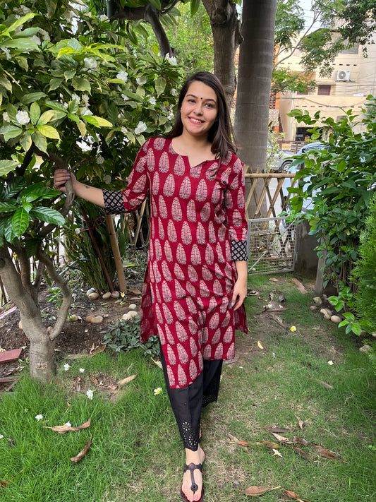 Maroon tree Ajrakh kurta - MYSANSKRITAM