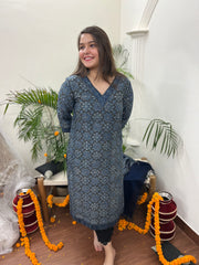 Ajrakh Chanderi Indigo kurta duppata set - MYSANSKRITAM