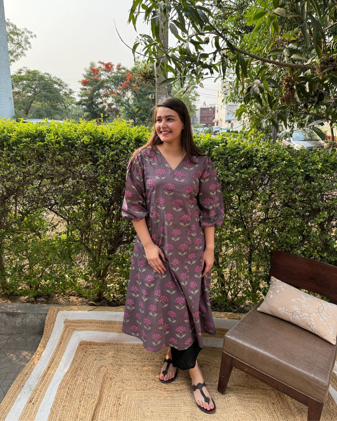 Purple floral Aline kurta with pockets