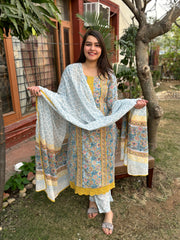 Mustard lace Handblock printed full suit set