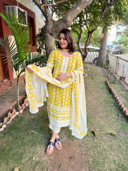 Mustard Lacework printed full suit set - MYSANSKRITAM