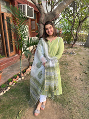 Pista green A-line kurta with Handblock duppata