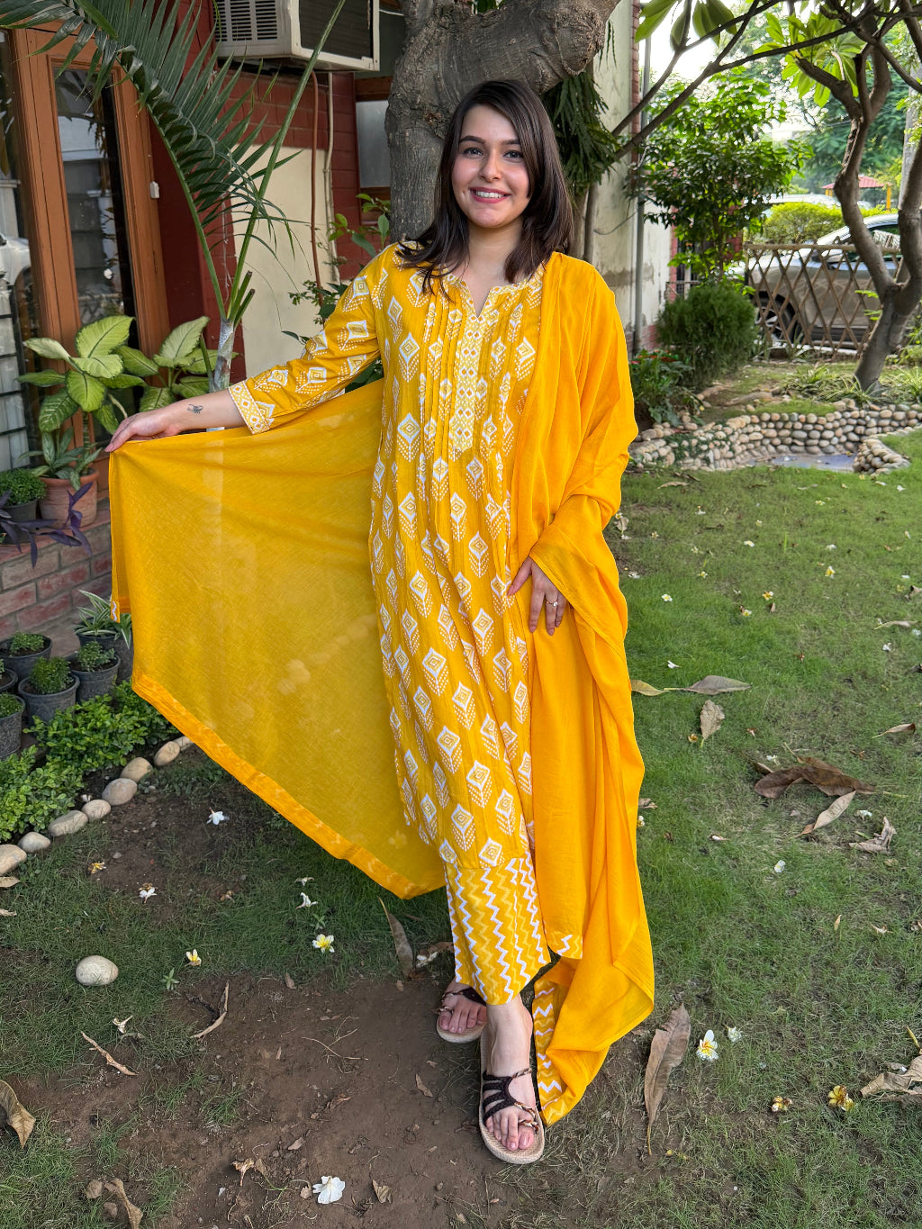 Yellow Ikkat Print Pintucks Suit Set by MySanskritam