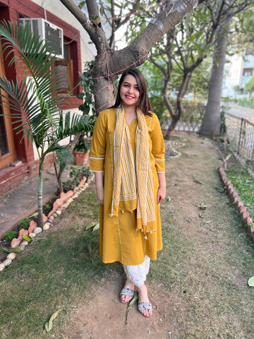 Mustard A-Line kurta with Scarf