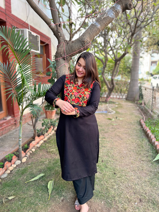 Black woollen embroidered Yoke kurta