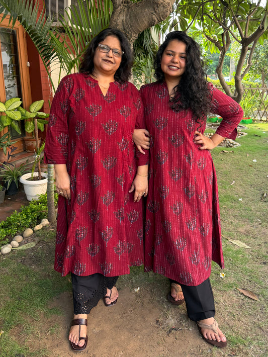 Maroon Slub Peacock A-line Kurta by MySanskritam
