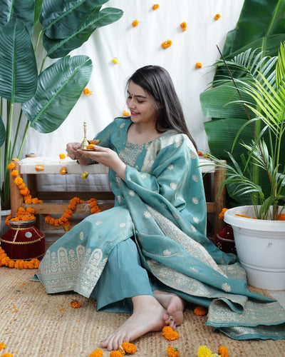Ferozi Mist Banarasi Cotton Silk Suit Set