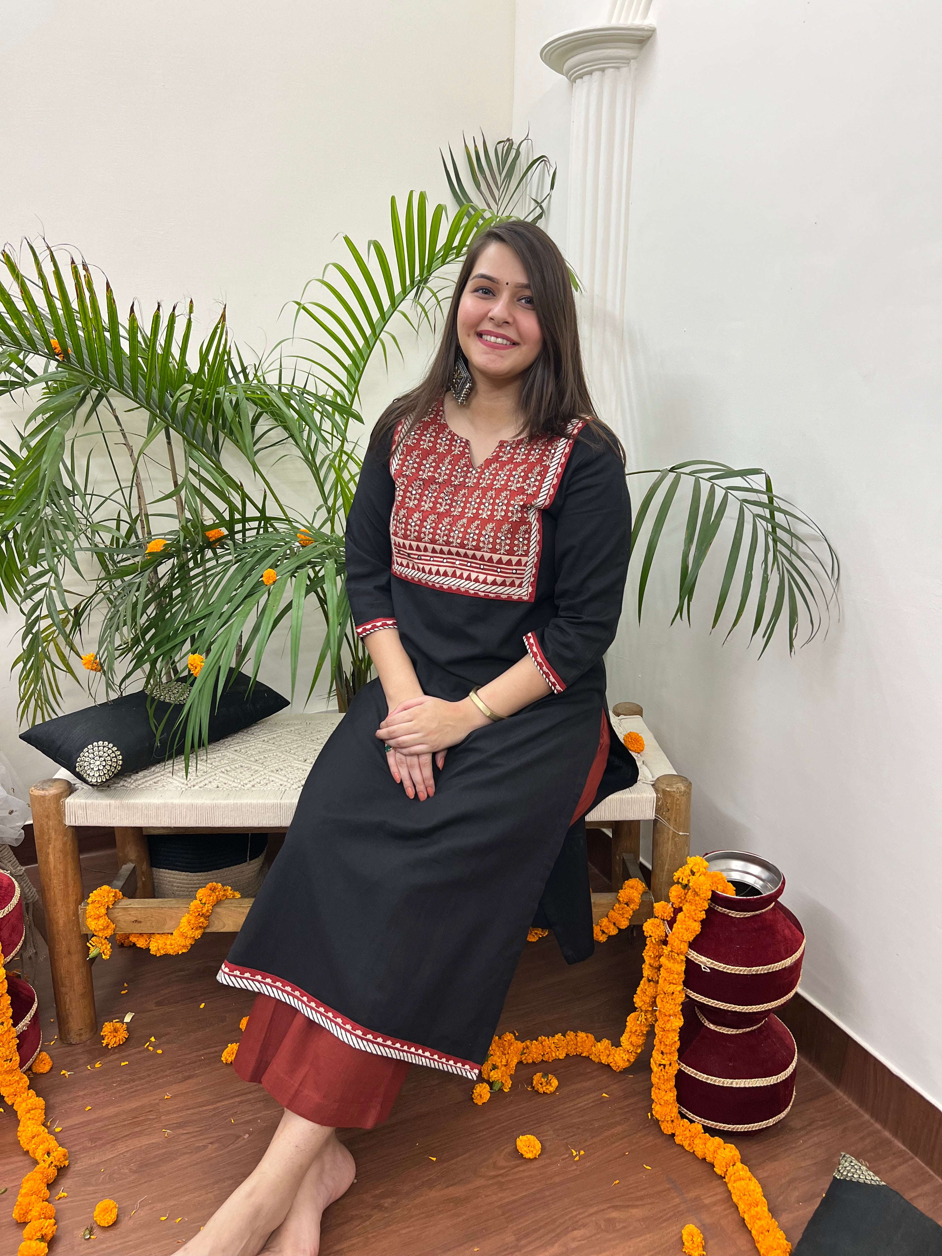 Black embroidered yoke Long kurta - MYSANSKRITAM