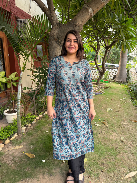 Pastel blue floral yoke kurta