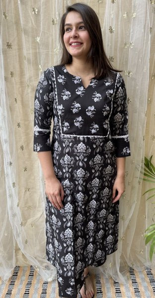 Black Printed Yoke Kurta - MYSANSKRITAM