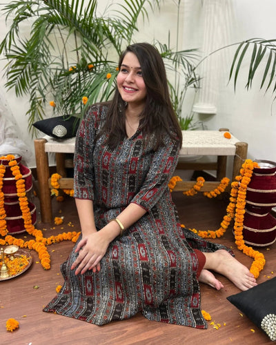 Premium Modal Maroon grey Modern print  Long kurta