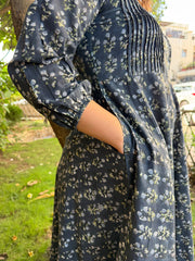 Dark Blue Floral Pintucks A-line Kurta side pocket by Sanskritam
