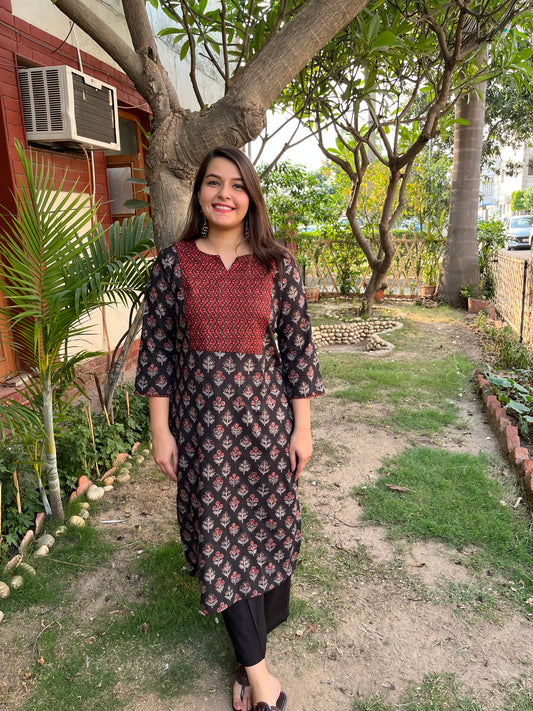Black Grey Yoke sanganeri kurta - MYSANSKRITAM