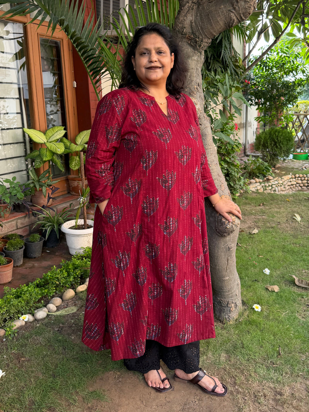 Maroon Slub Peacock A-line Kurta by MySanskritam