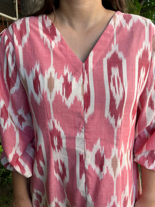 Peach Ikkat Dress (with pocket) - MYSANSKRITAM