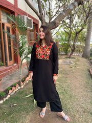 Black woollen embroidered Yoke kurta