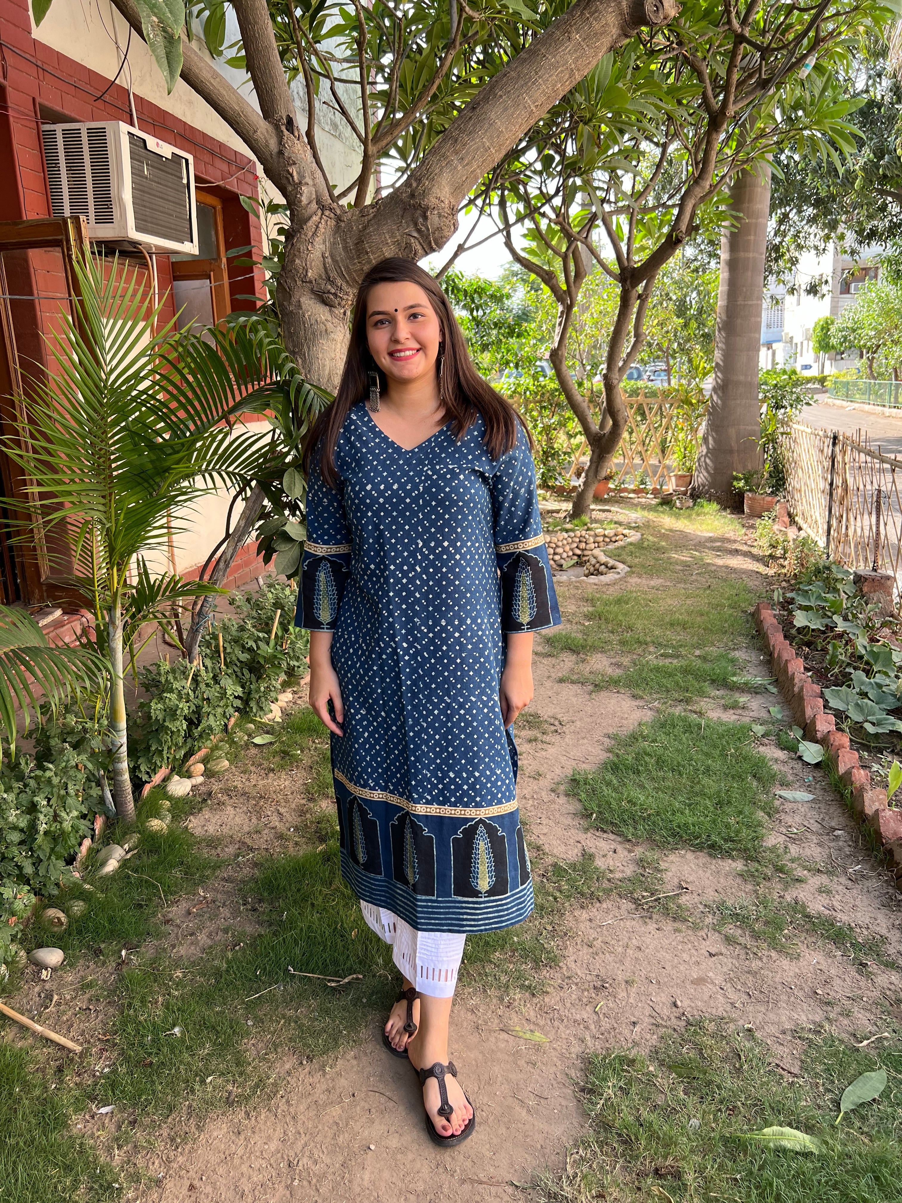 Indigo Ajrakh Border style designer Kurta - MYSANSKRITAM