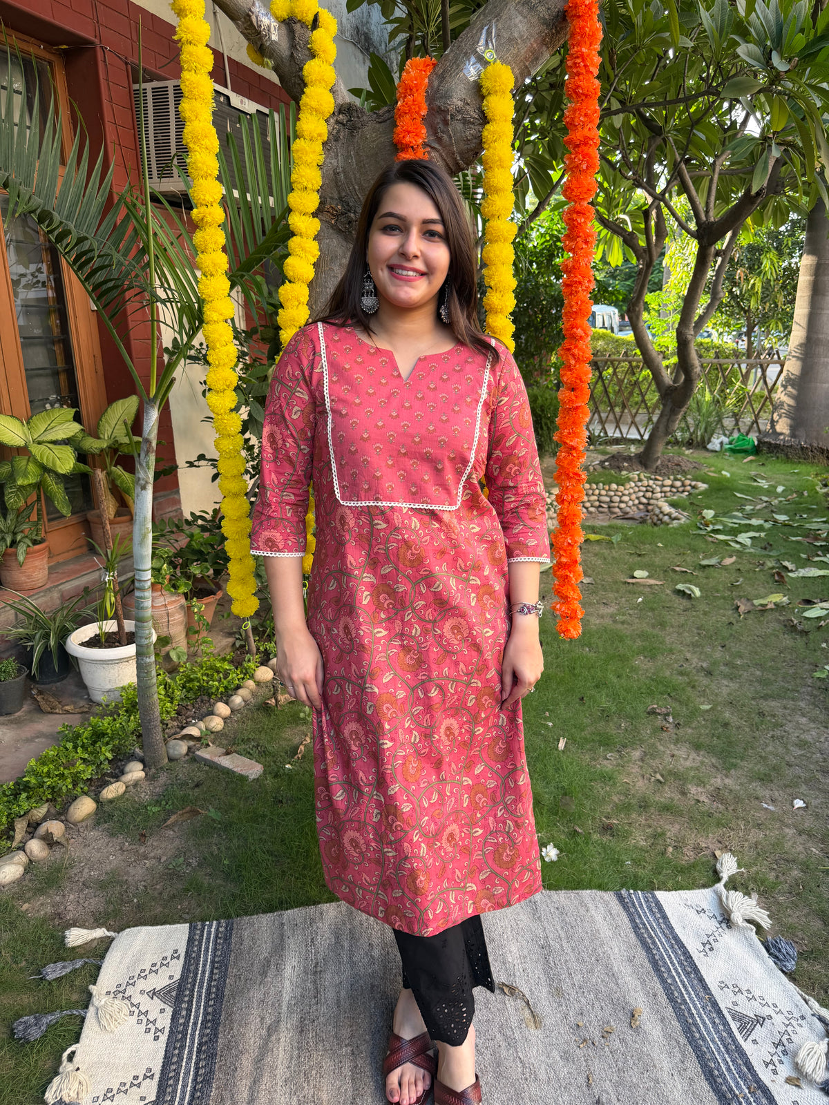 Peach sanganeri kurta with yoke