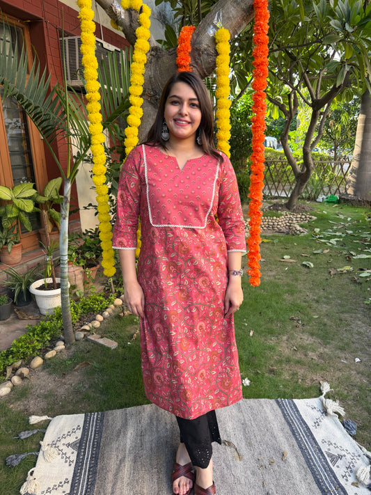Peach sanganeri kurta with yoke