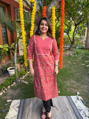 Peach sanganeri kurta with yoke