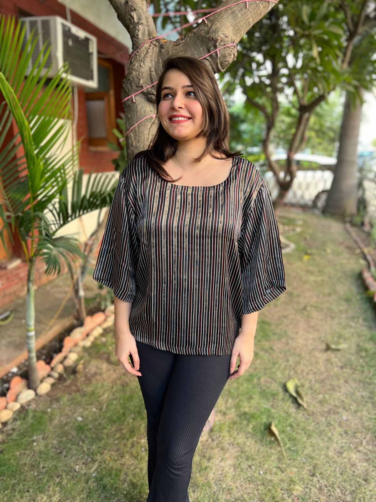 Black lines Modal Silk Top - MYSANSKRITAM