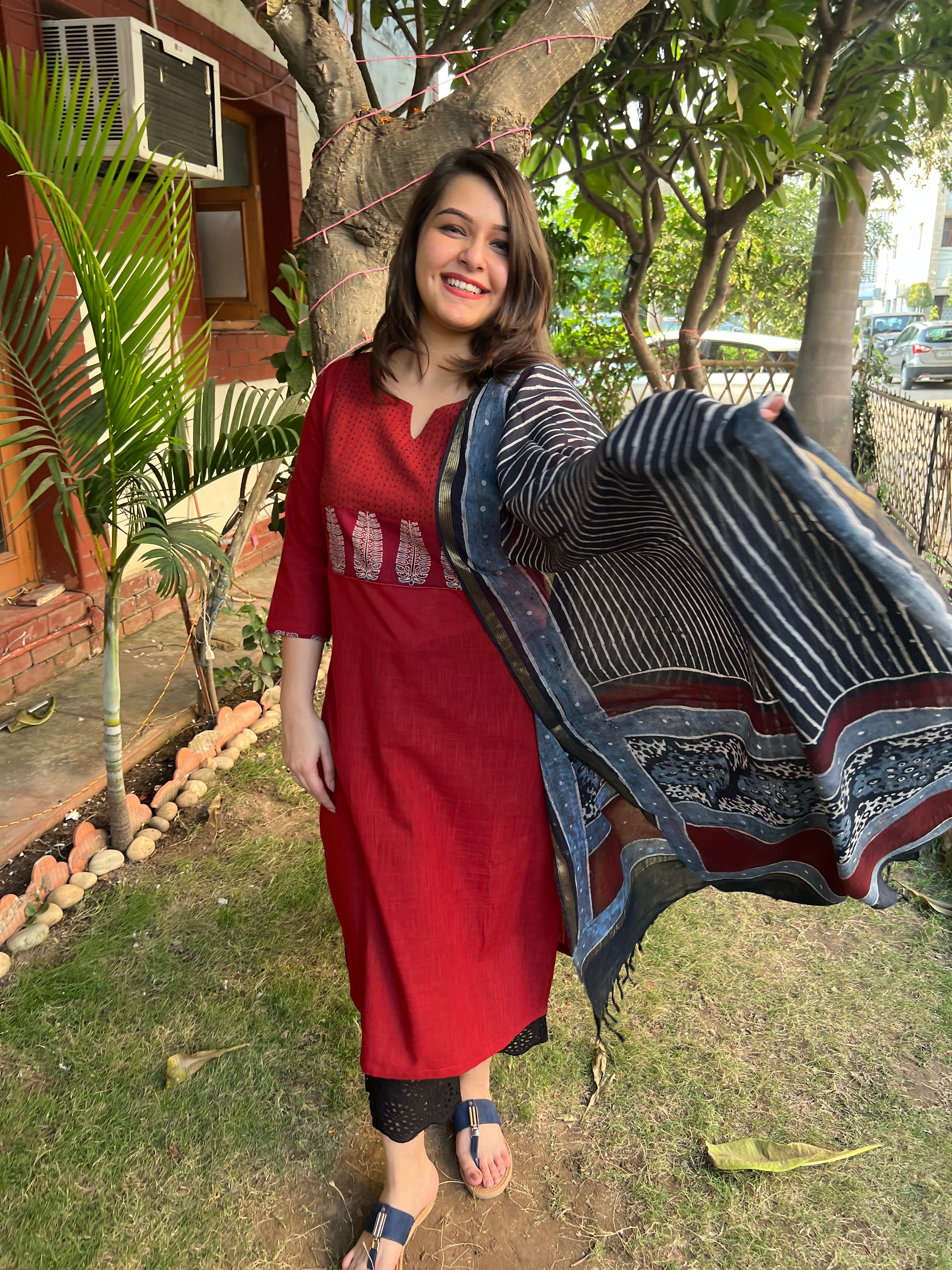 Maroon Basic Kantha Yoke Kurta duppata set - MYSANSKRITAM