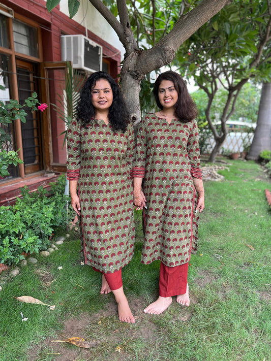 Mehendi green Rose Kurta - MYSANSKRITAM