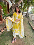 Mustard Lacework printed full suit set - MYSANSKRITAM