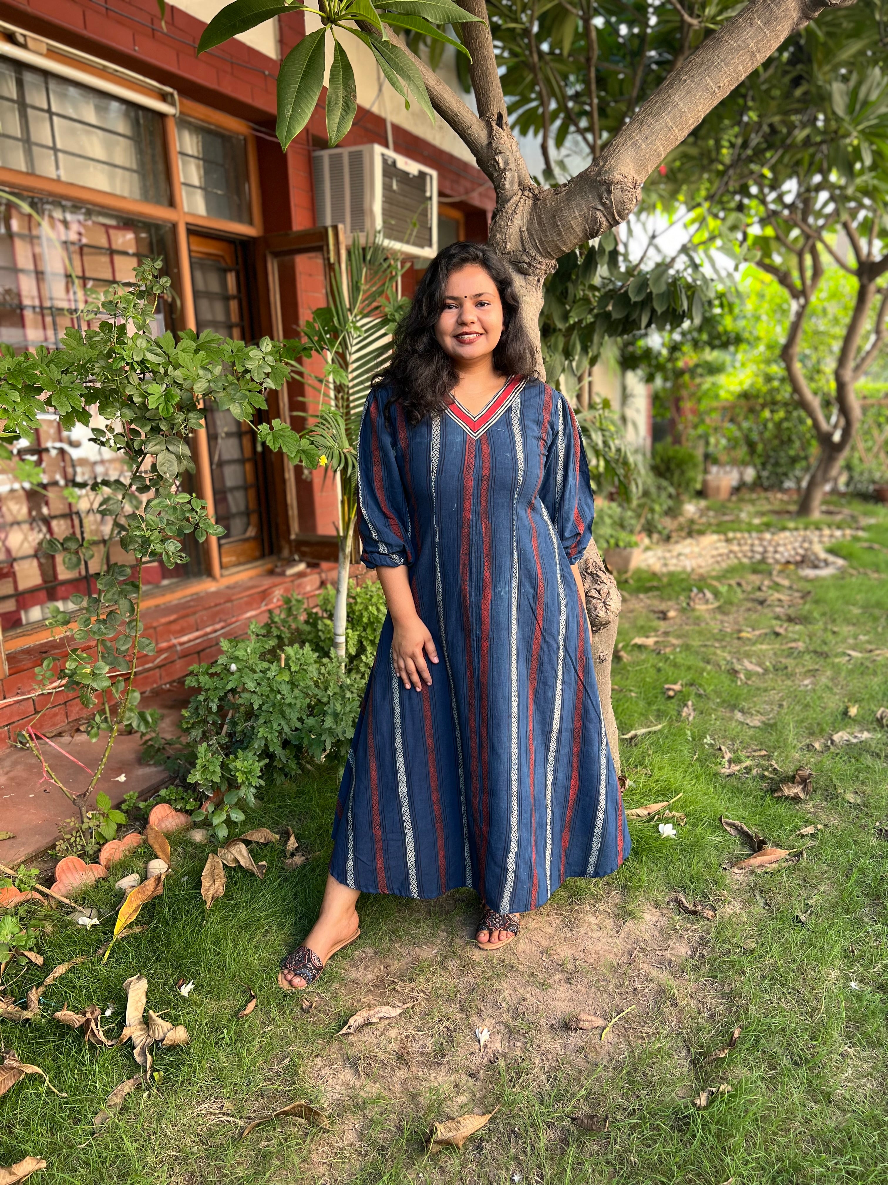 Indigo Lines Handblock dress with pockets - MYSANSKRITAM