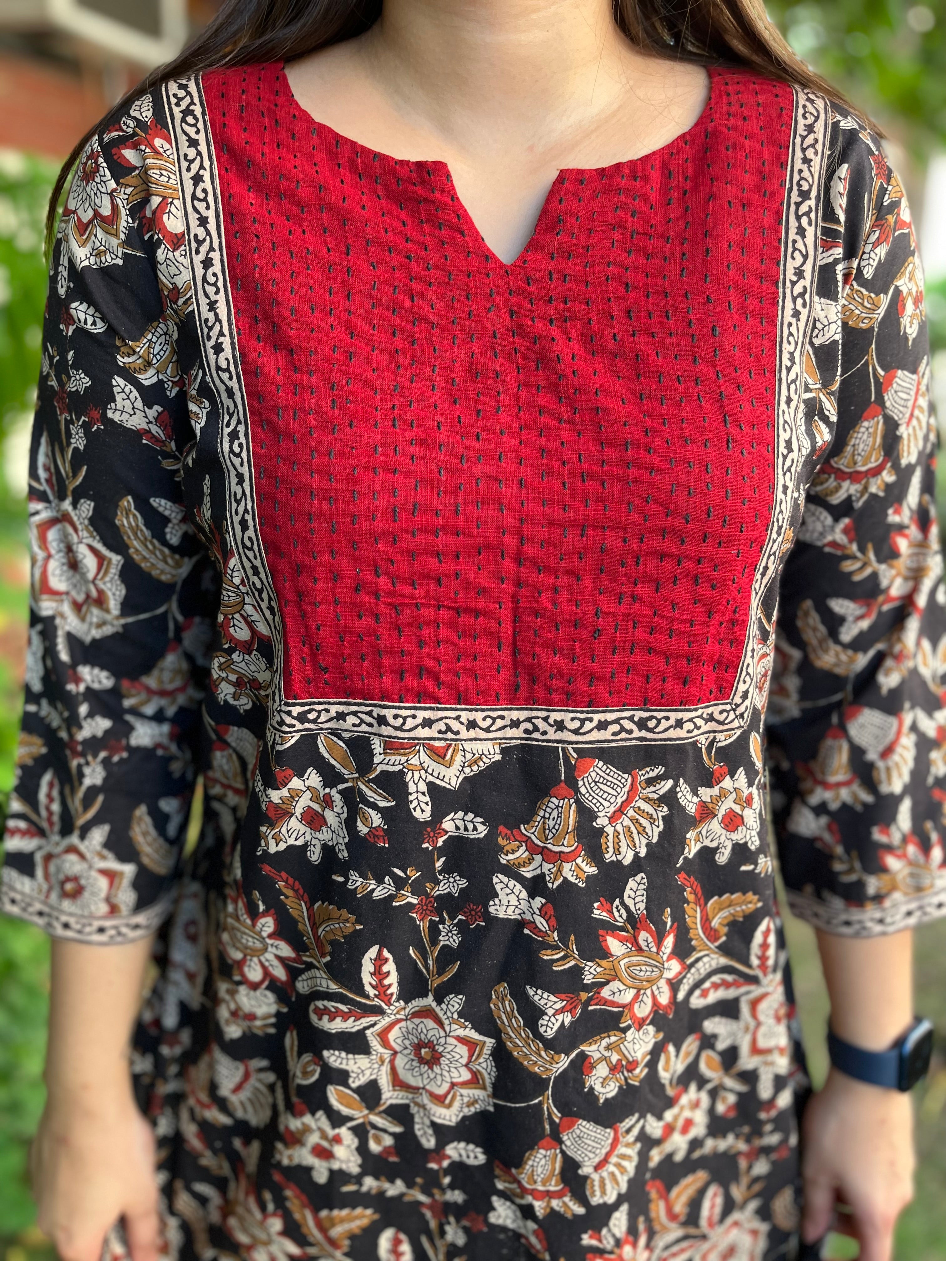 Black Floral kantha yoke kurta - MYSANSKRITAM