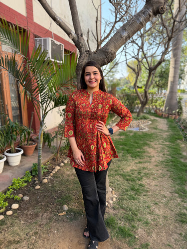 Brick Red floral Sanganeri pintucks top