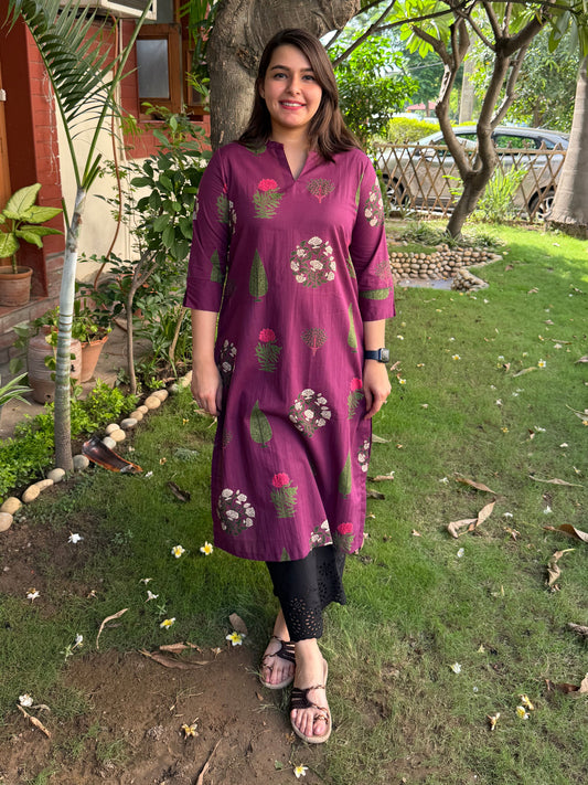 Wine Big Leaf Flower Ban-Neck Kurta by Sanskritam