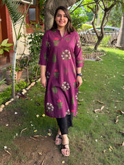 Wine Big Leaf Flower Ban-Neck Kurta by Sanskritam