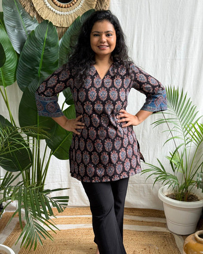 Black Folk Handblock Short Kurti