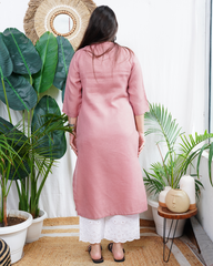 Pink floral embroidered linen kurta