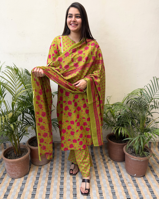 Parrot Green floral yoke Suit Set