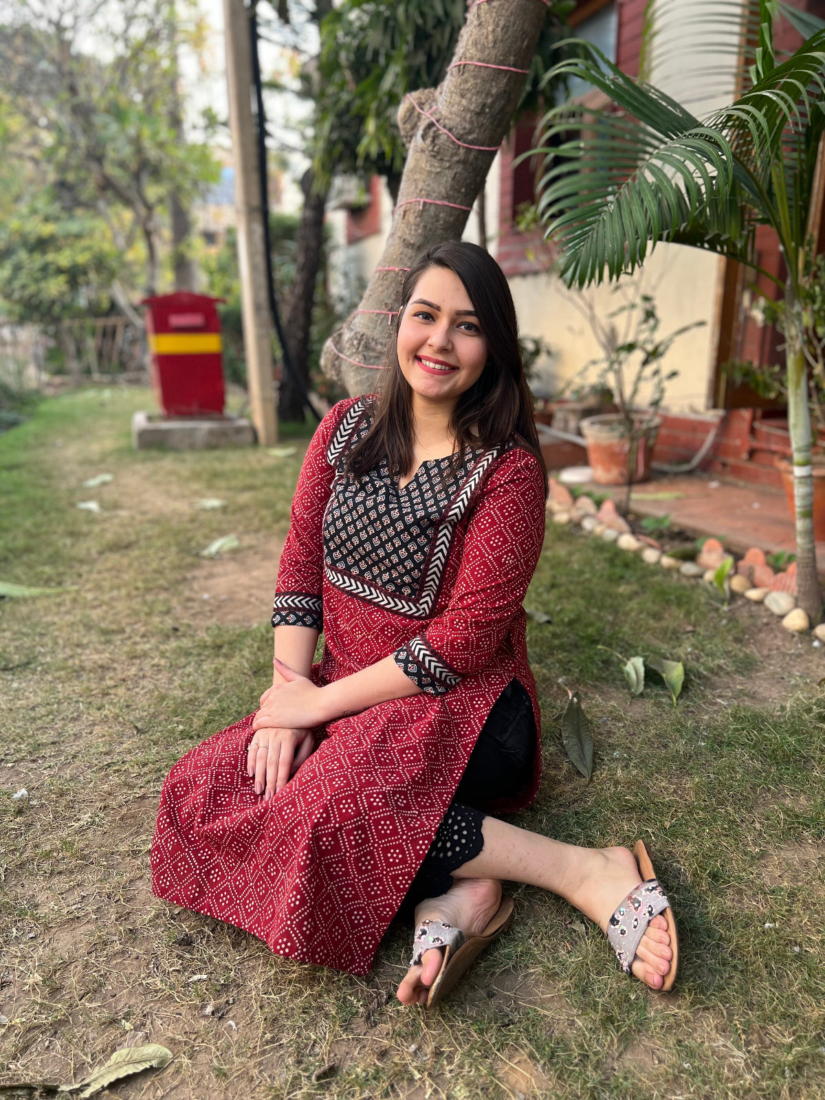 Maroon Bindi Yoke kurta