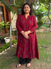 Maroon Slub Peacock A-line Kurta by MySanskritam