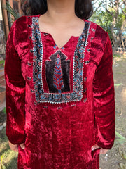 Maroon ajrakh velvet yoke kurta